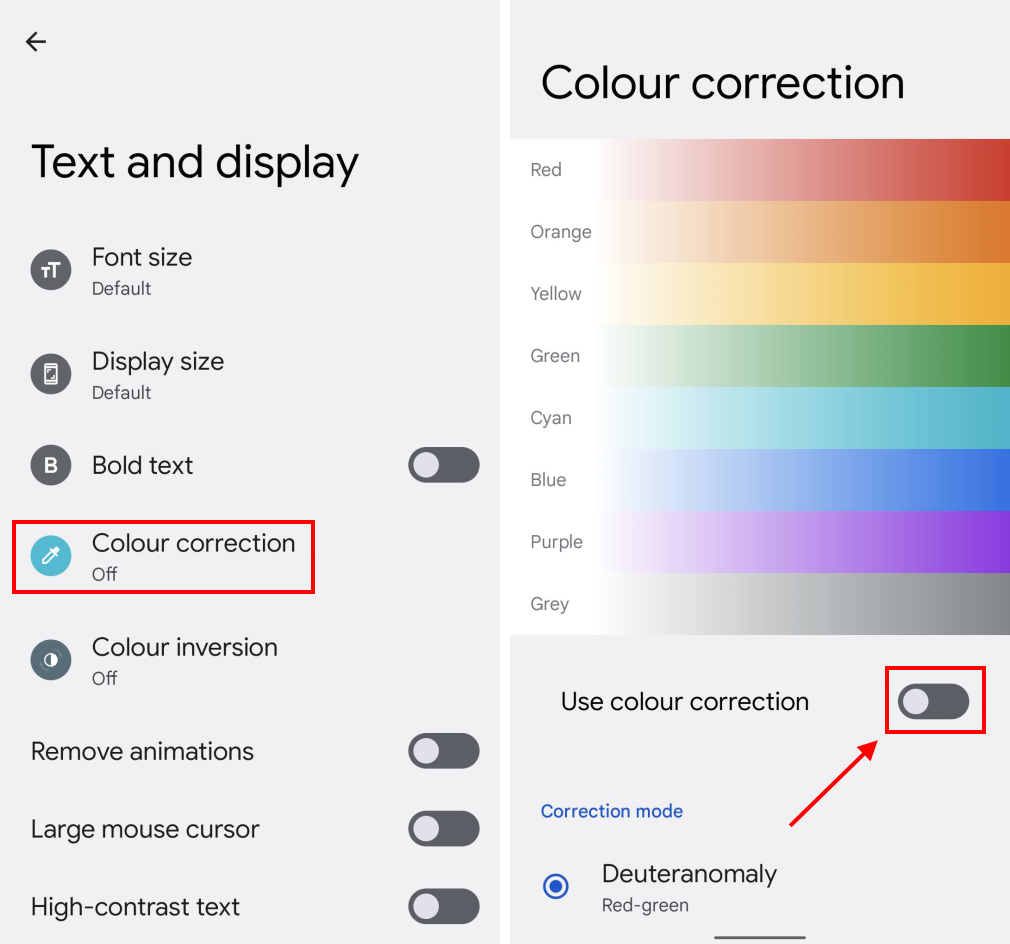 Tap Colour correction then the toggle switch for Use colour correction